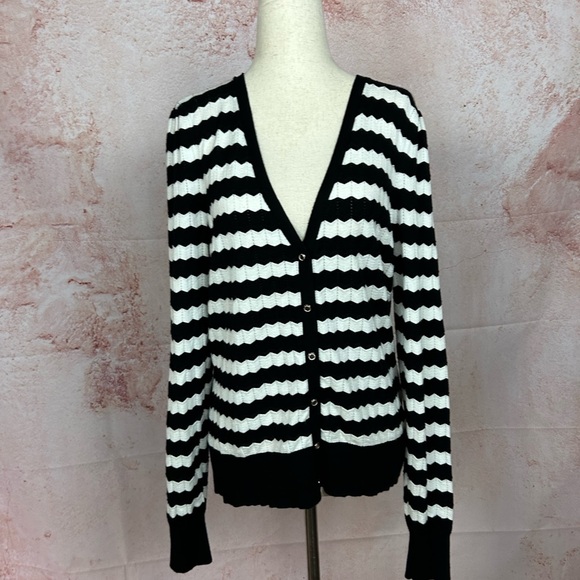 WHBM parisian chic striped cardigan sweater size L monochrome preppy modern - Picture 1 of 5